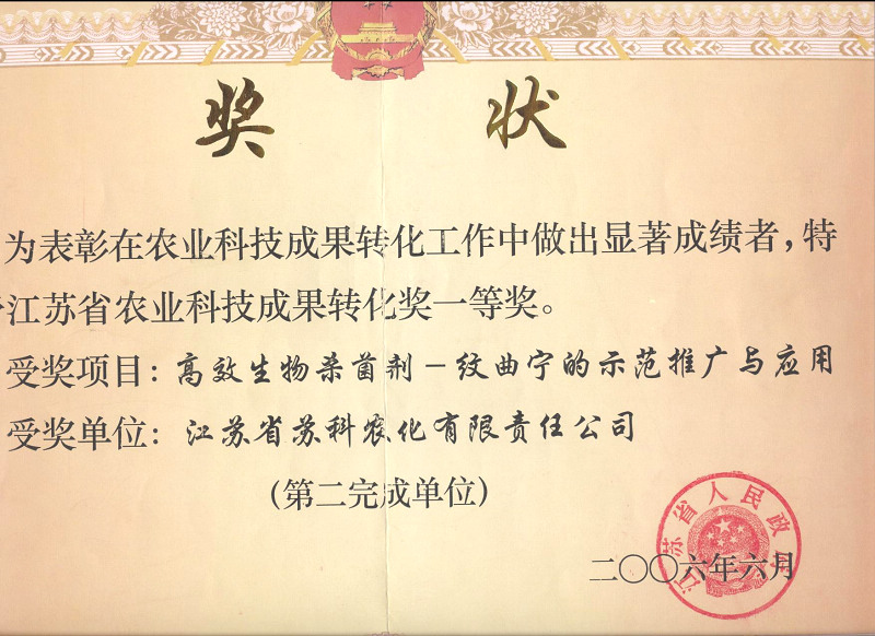 2006年江蘇省科技轉(zhuǎn)化一等獎(jiǎng)